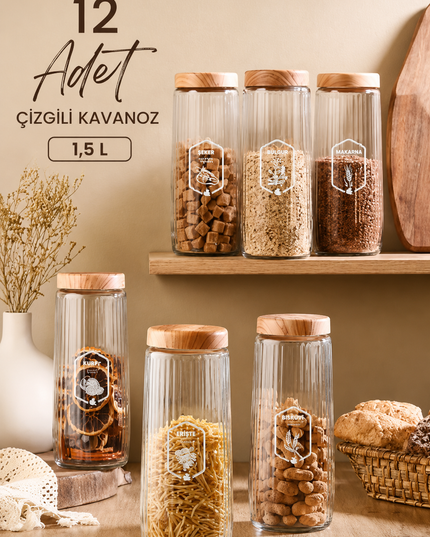 12 Pieces 1.5 Litre Mega Size Ribbed Jar Set with Bamboo-Look Lids – 1500 ML