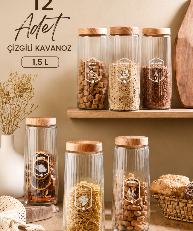 12 Pieces 1.5 Litre Mega Size Ribbed Jar Set with Bamboo-Look Lids – 1500 ML