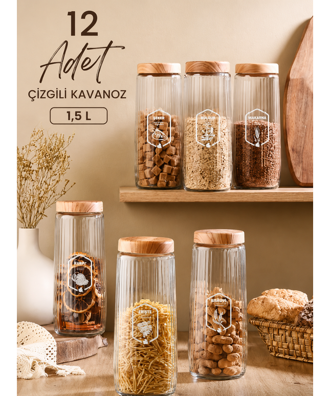 12 Pieces 1.5 Litre Mega Size Ribbed Jar Set with Bamboo-Look Lids – 1500 ML