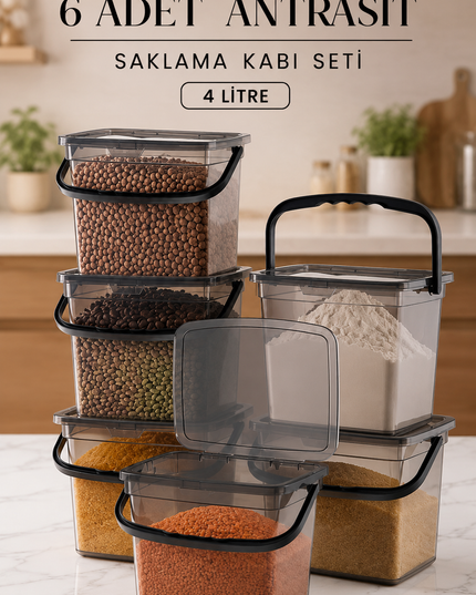 Mega Size 6-Piece Square Flour & Legume Storage Container Set (4 Litres) – Handled Detergent & Storage Organizer Boxes