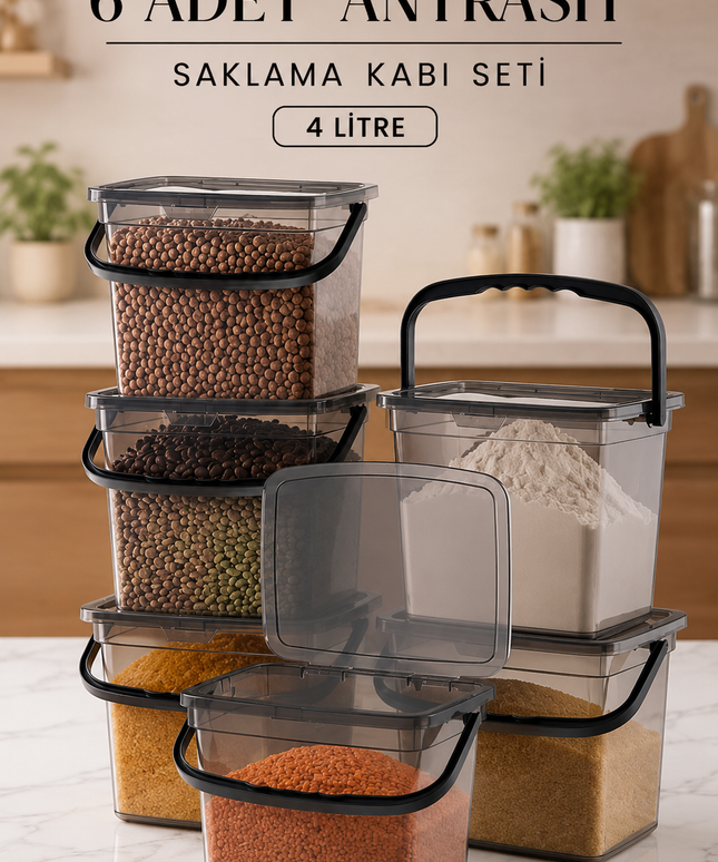 Mega Size 6-Piece Square Flour & Legume Storage Container Set (4 Litres) – Handled Detergent & Storage Organizer Boxes