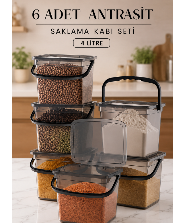 Mega Size 6-Piece Square Flour & Legume Storage Container Set (4 Litres) – Handled Detergent & Storage Organizer Boxes