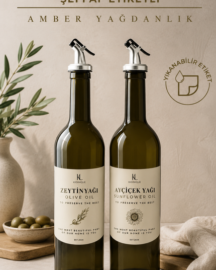 Amber 2-Piece 750 ML Glass Olive Oil & Cooking Oil Bottle Set – Retro Glass Oil Dispenser Set with Labels