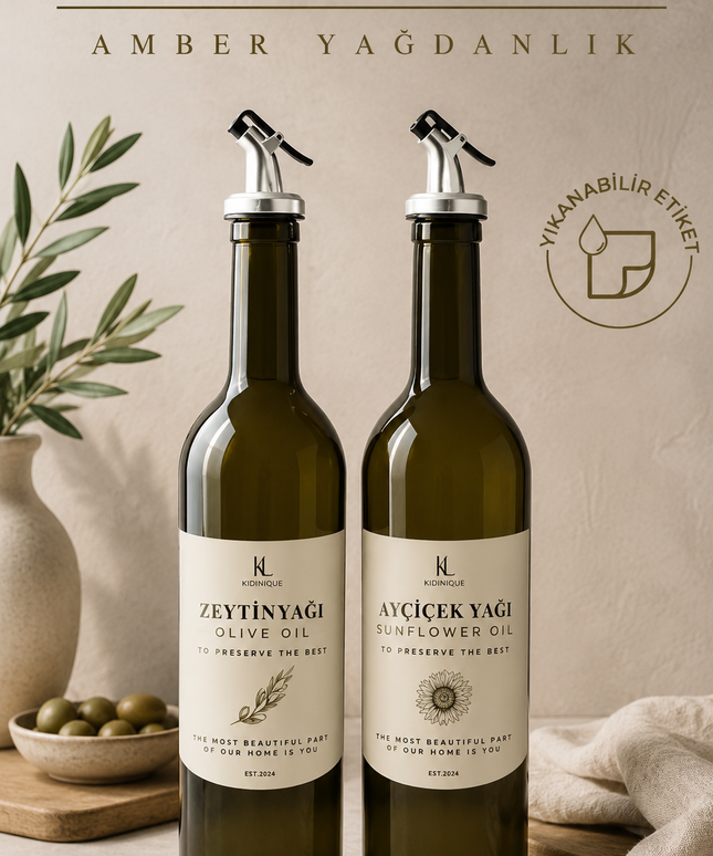 Amber 2-Piece 750 ML Glass Olive Oil & Cooking Oil Bottle Set – Retro Glass Oil Dispenser Set with Labels