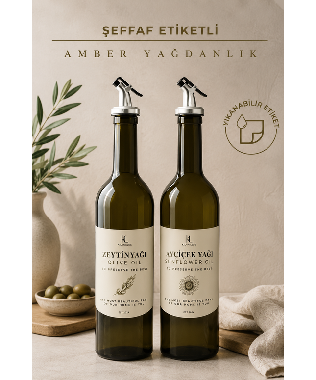 Amber 2-Piece 750 ML Glass Olive Oil & Cooking Oil Bottle Set – Retro Glass Oil Dispenser Set with Labels