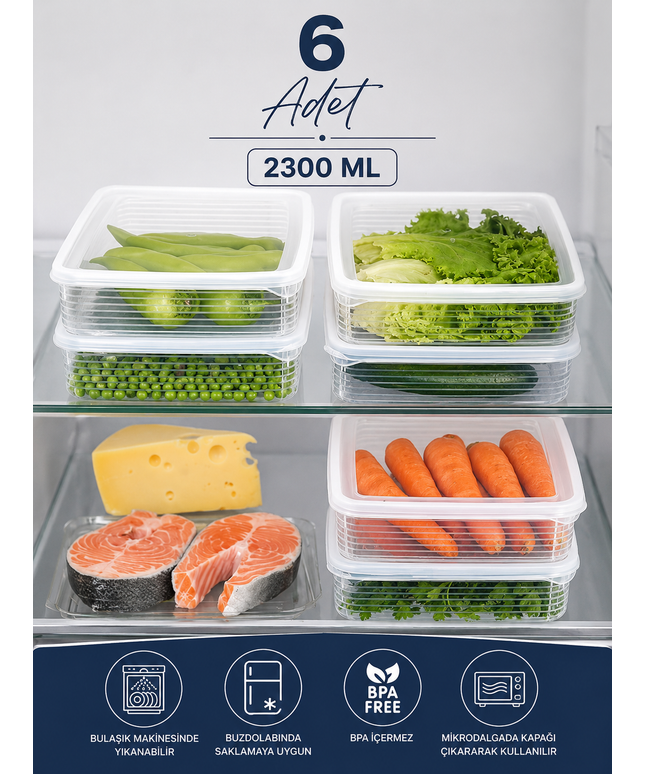 6-Piece 2300 ml Refrigerator & Microwave Storage Container Set – Fridge Organizer Storage Boxes