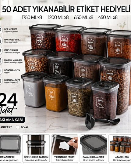 24-Piece Labeled Square Food Storage Container & Spice Jar Set with Spoon – (1750 ml + 1200 ml + 450 ml)