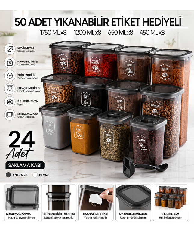 24-Piece Labeled Square Food Storage Container & Spice Jar Set with Spoon – (1750 ml + 1200 ml + 450 ml)