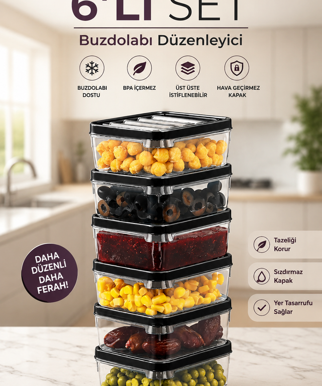 6-Piece 250ml Fridge Organizer Storage Container Set