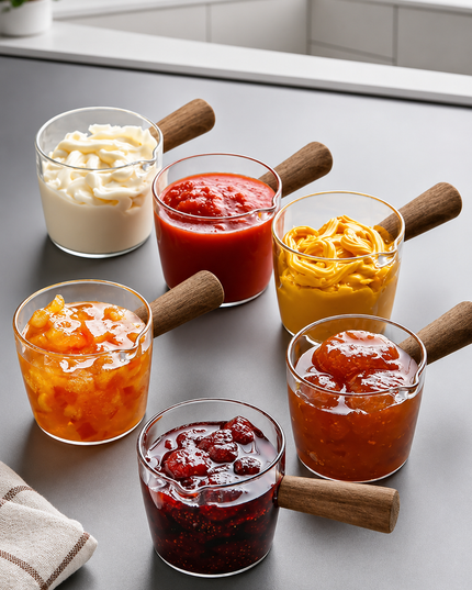 12-Piece Acrylic Jam & Sauce Serving Set – 80ml Acacia Wood Style Handle Breakfast Bowls