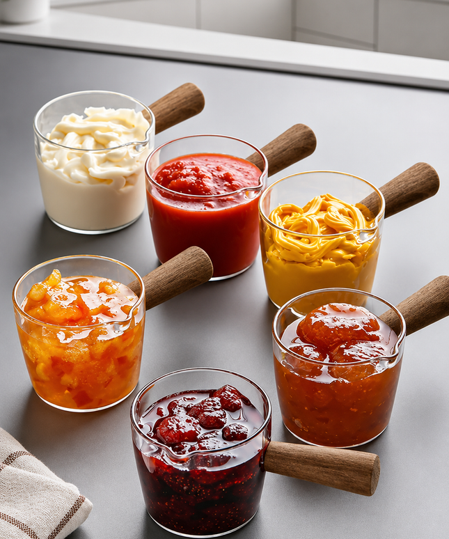 12-Piece Acrylic Jam & Sauce Serving Set – 80ml Acacia Wood Style Handle Breakfast Bowls