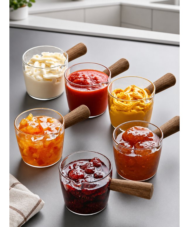 12-Piece Acrylic Jam & Sauce Serving Set – 80ml Acacia Wood Style Handle Breakfast Bowls
