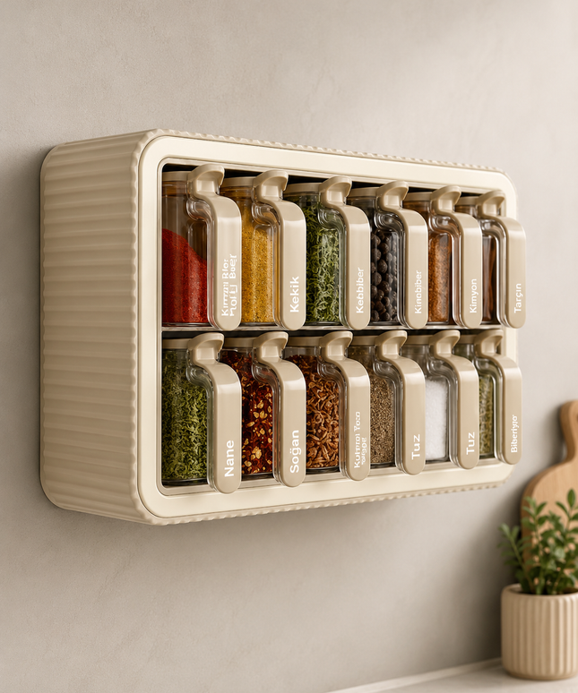 12-Piece Spice Jar Set with Stand, Handles, Self-Adhesive Lids & Spoons