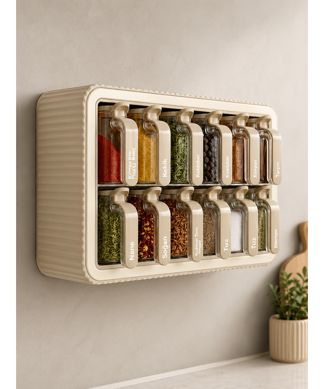 12-Piece Spice Jar Set with Stand, Handles, Self-Adhesive Lids & Spoons