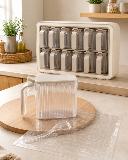 12-Piece Spice Jar Set with Stand, Handles, Self-Adhesive Lids & Spoons