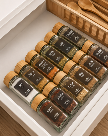 12-Piece Square Glass Spice Jar Set with Bamboo Lids – Includes 40 Free Labels