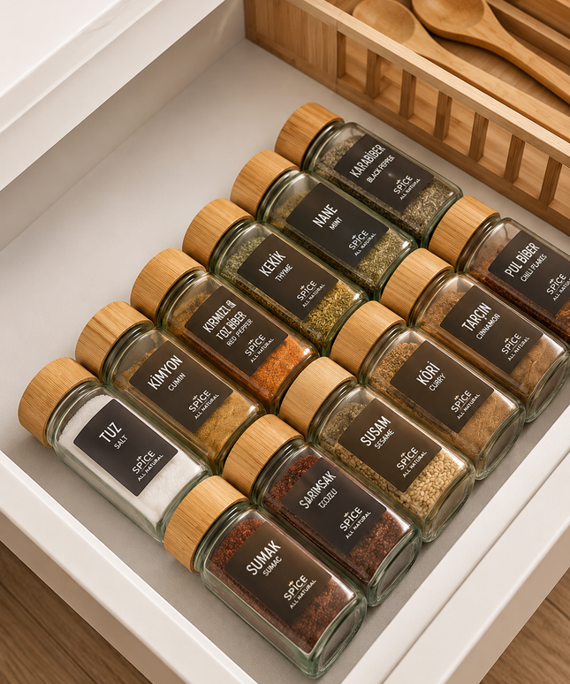 12-Piece Square Glass Spice Jar Set with Bamboo Lids – Includes 40 Free Labels