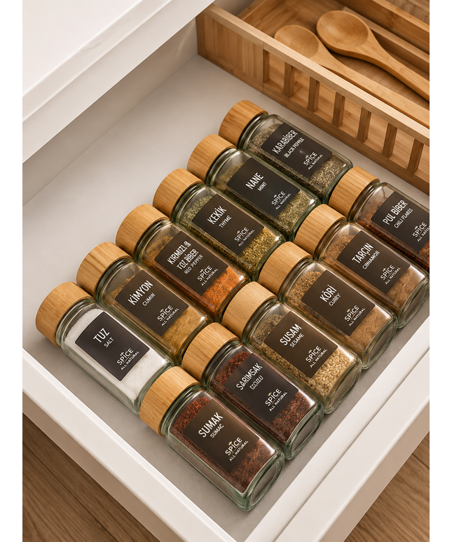 12-Piece Square Glass Spice Jar Set with Bamboo Lids – Includes 40 Free Labels