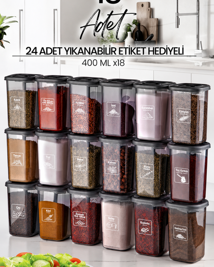 18-Piece Azure Spice Jar Set with Labels & Built-in Spoons – Spice Container Organizer Set