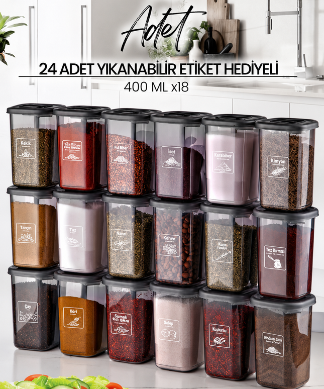 18-Piece Azure Spice Jar Set with Labels & Built-in Spoons – Spice Container Organizer Set