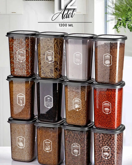 12-Piece Black Square Food Storage Containers (1205ml) with Labels