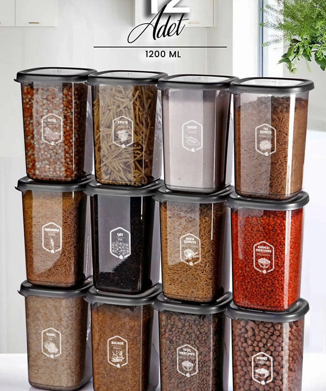12-Piece Black Square Food Storage Containers (1205ml) with Labels