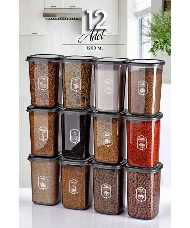 12-Piece Black Square Food Storage Containers (1205ml) with Labels