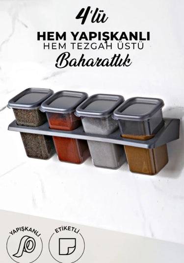 4-Piece Self-Adhesive Square Spice Jar Set with Stand & Labels