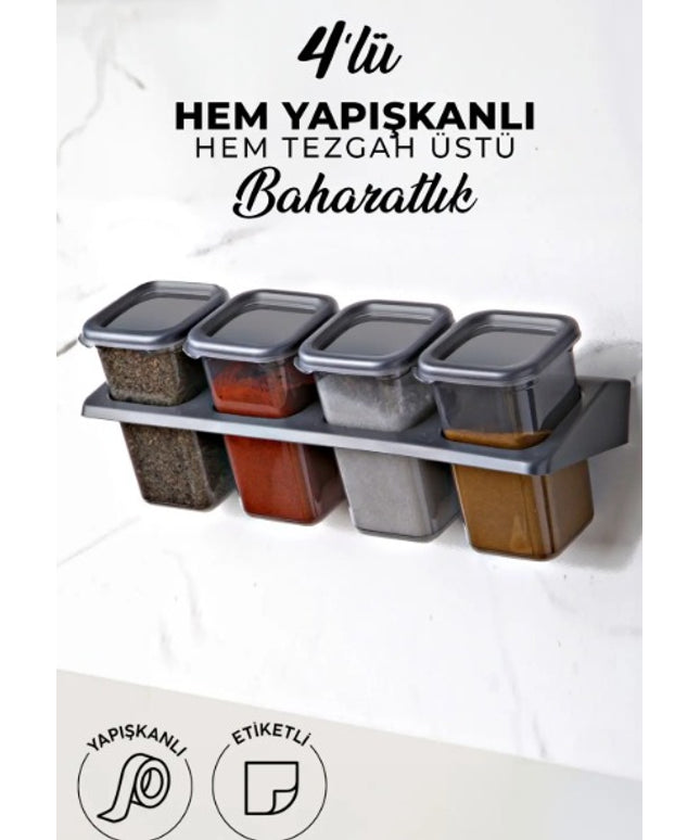 4-Piece Self-Adhesive Square Spice Jar Set with Stand & Labels