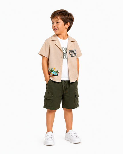 Boys Tropical Shirt & Cargo Shorts Set – 3 Pieces