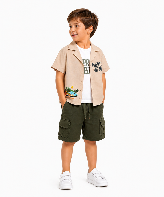 Boys Tropical Shirt & Cargo Shorts Set – 3 Pieces