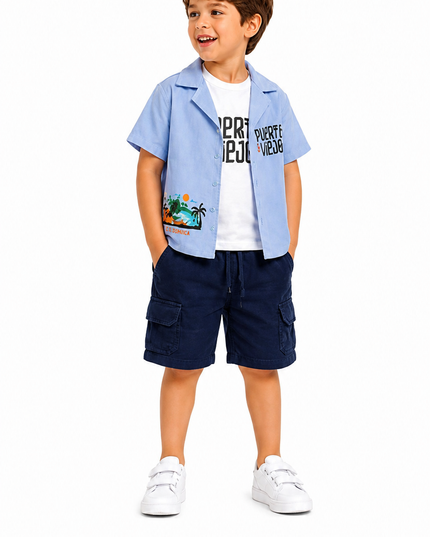 Boys Tropical Shirt & Cargo Shorts Set – 3 Pieces