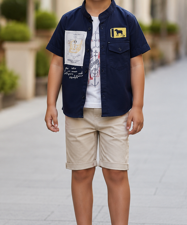 3-Piece Boys Set - Compass Shirt, Tee & Shorts