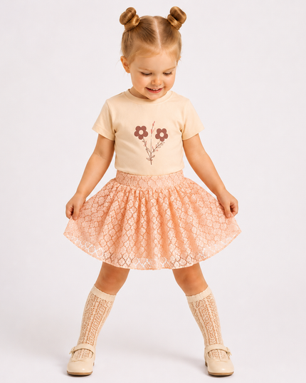 2-Piece Girls Set - "Beautiful as a Flower" Tee & Lace Skirt