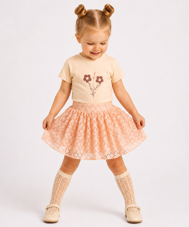 2-Piece Girls Set - "Beautiful as a Flower" Tee & Lace Skirt