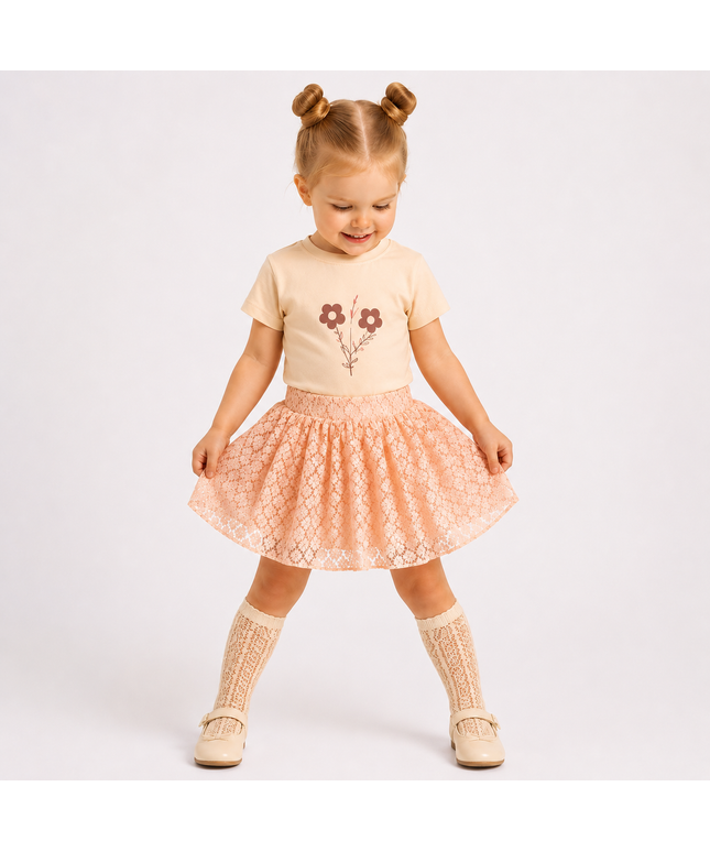 2-Piece Girls Set - "Beautiful as a Flower" Tee & Lace Skirt