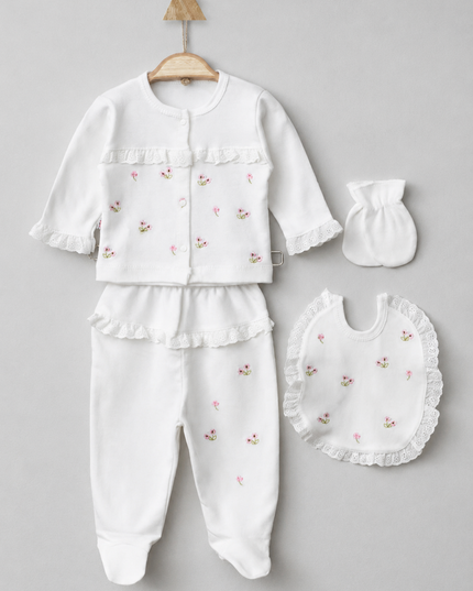4-Piece Newborn Girl Set - Floral Lace Ruffle