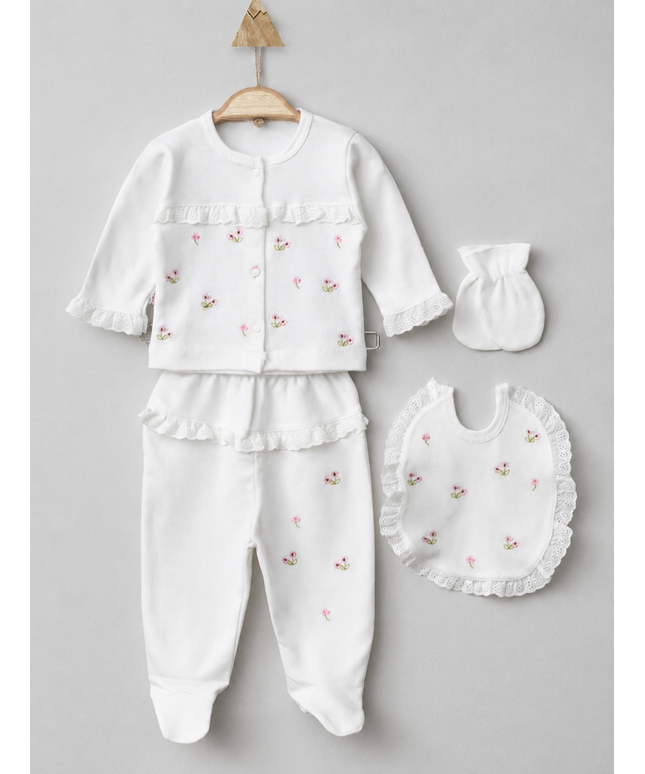 4-Piece Newborn Girl Set - Floral Lace Ruffle