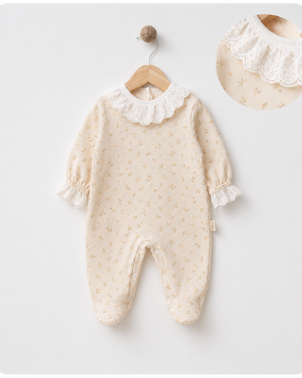 Baby Girl Floral Romper - Lace Collar Cream