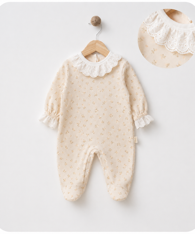 Baby Girl Floral Romper - Lace Collar Cream