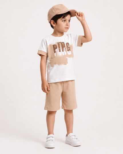 3-Piece Boys Set - "PING" Graphic Tee, Shorts & Cap