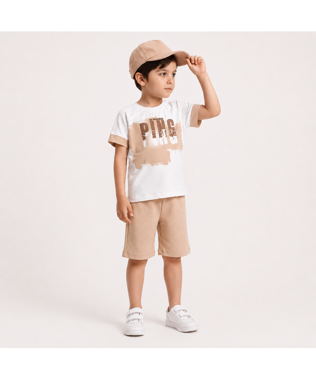 3-Piece Boys Set - "PING" Graphic Tee, Shorts & Cap