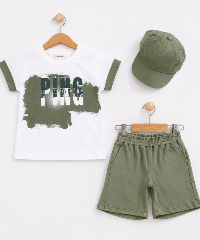 3-Piece Boys Set - "PING" Graphic Tee, Shorts & Cap