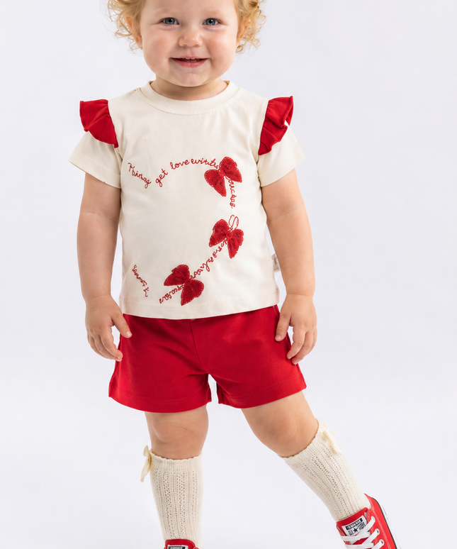 2-Piece Girls Set - Palm Tree Ruffle Tee & Shorts