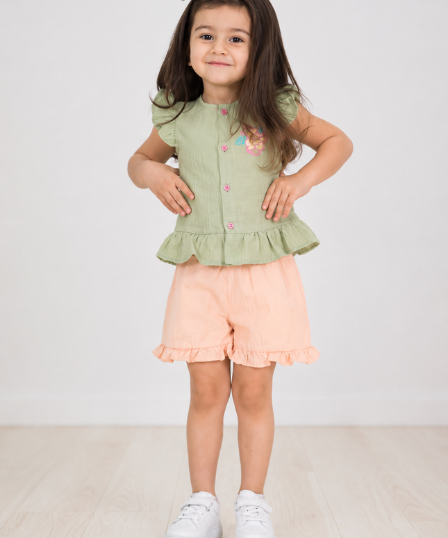 2-Piece Girls Set - Floral Ruffle Top & Shorts