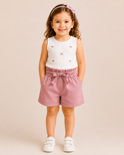 Girls’ Embroidered Top & Paperbag Shorts Set – 2 Pieces