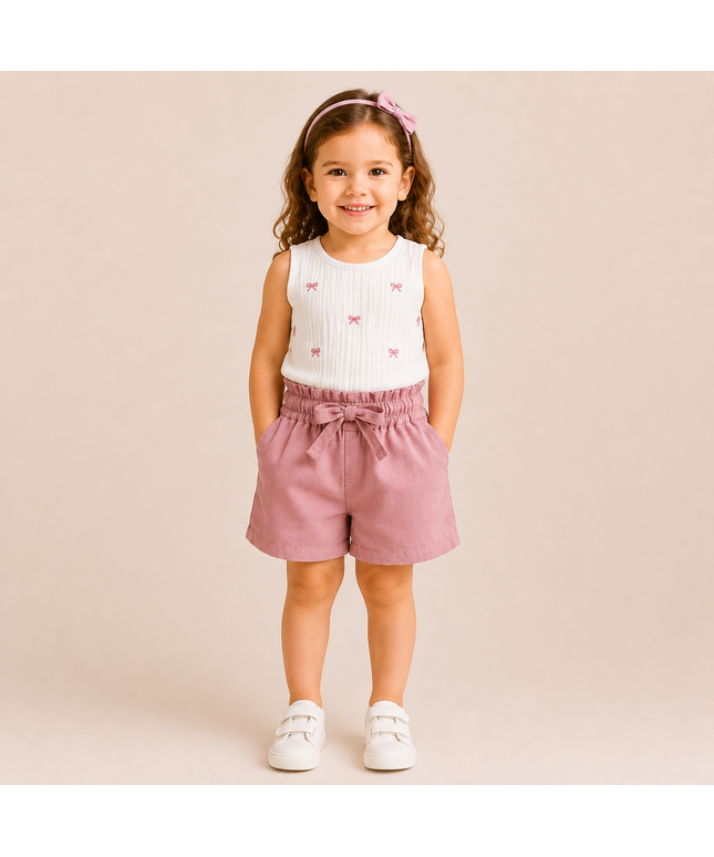 Girls’ Embroidered Top & Paperbag Shorts Set – 2 Pieces