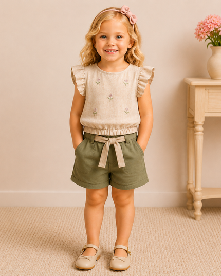 Girls’ Embroidered Top & Shorts Set – 2 Pieces
