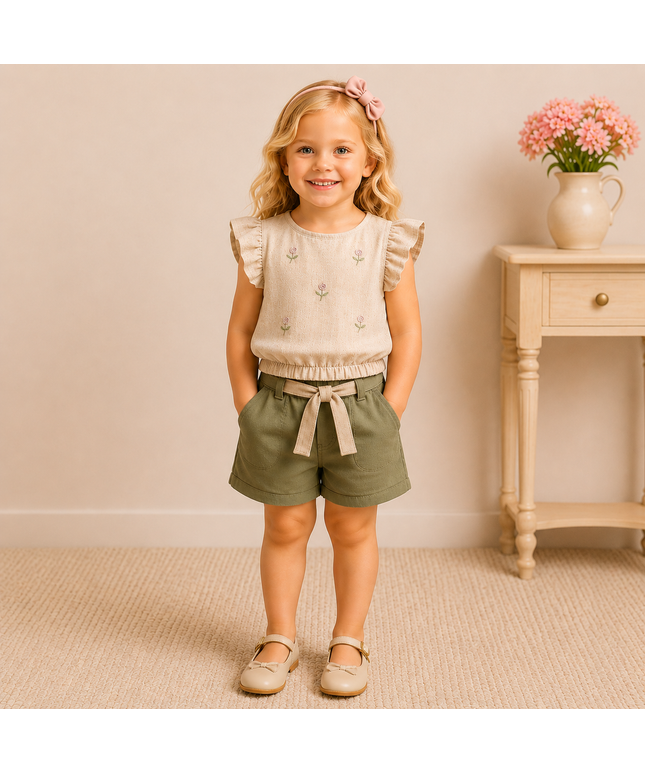 Girls’ Embroidered Top & Shorts Set – 2 Pieces
