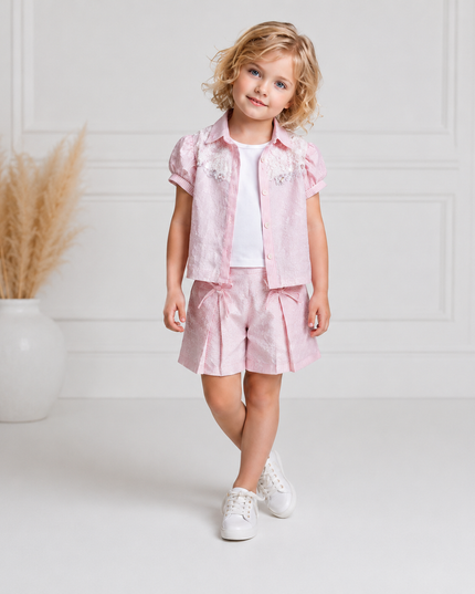 Lace Puff-Sleeve Shirt & Pleated Shorts Set